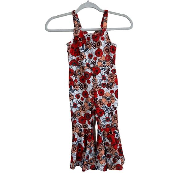 NWOT Girl's Retro 70's Style Flowered Jumpsuit Pant Flare Ribbed 5T Size 120 - Picture 1 of 15